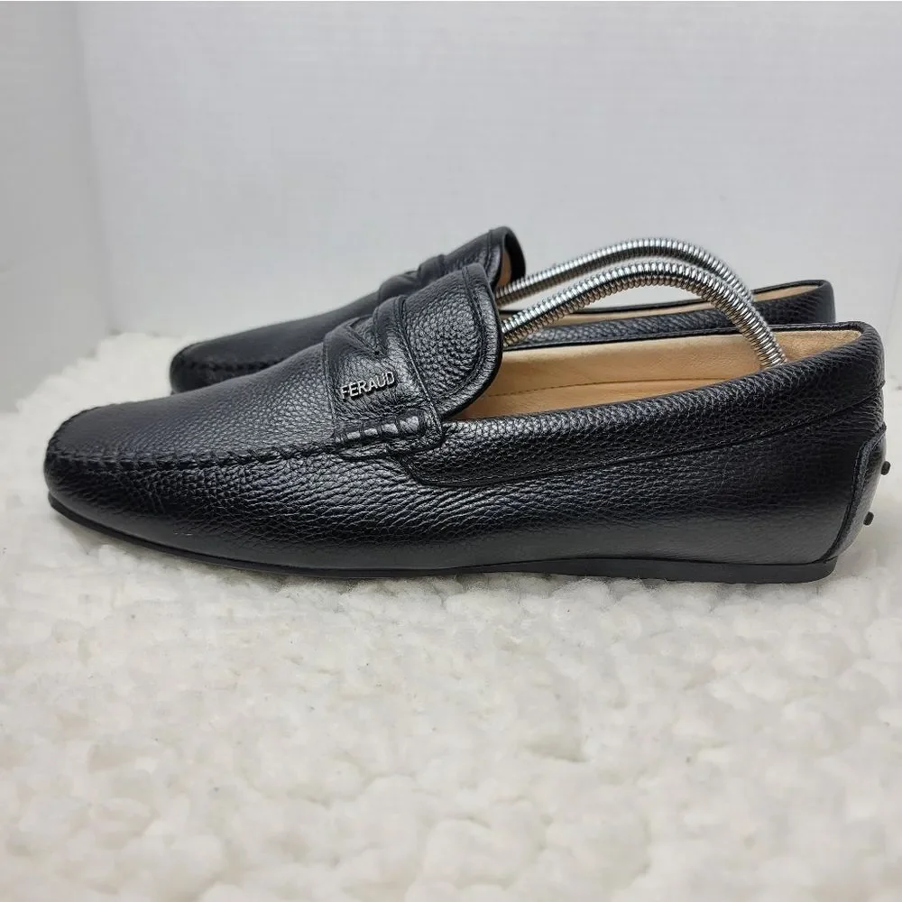 Louis Feraud Paris Mens Driving Boat Loafer Size 9.5 Black Pebbled Leather Shoes